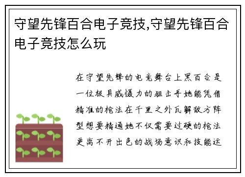 守望先锋百合电子竞技,守望先锋百合电子竞技怎么玩